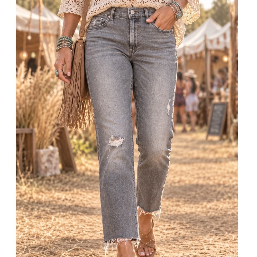 Mother The Insider Crop Fray Distressed Gray Jeans High Rise Size 27 Denim Boho